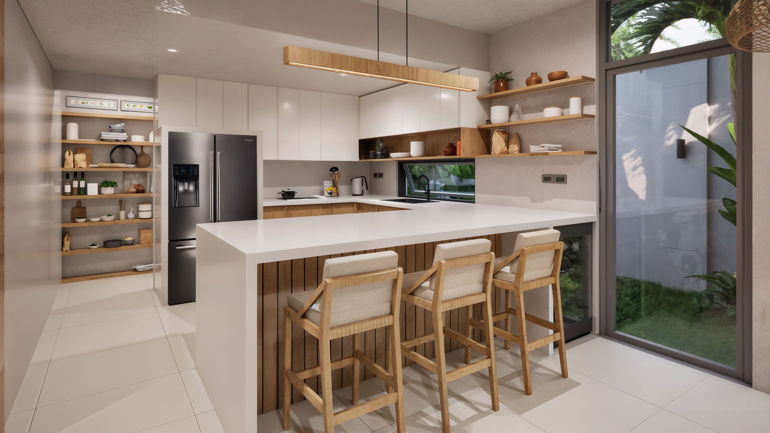 Kitchen island with bar stools